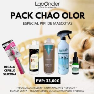 PACK CHAO OLOR (FREGASUELOS A ELEGIR+OXIDANTE+ESENCIA Olor a 1 fruta+DIFUSOR VACIO+CEPILLO TEXTIL ROSA)