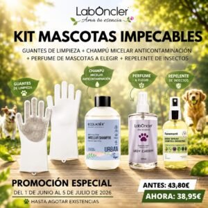 KIT MASCOTAS IMPECABLES: GUANTES DE LIMPIEZA + CHAMPÚ MICELAR ANTICONTAMINACIÓN + PERFUME DE MASCOTAS A ELEGIR + REPELENTE DE INSECTOS